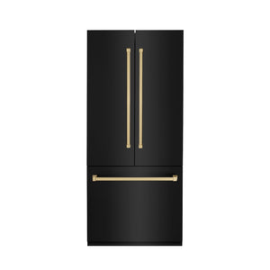 ZLINE Autograph Edition 36 in. 19.6 cu. ft. French Door Built-In Bottom Freezer Refrigerator with Water Dispenser and Ice Maker in Black Stainless Steel with Champagne Bronze Accents (RBIVZ-BS-36-CB)