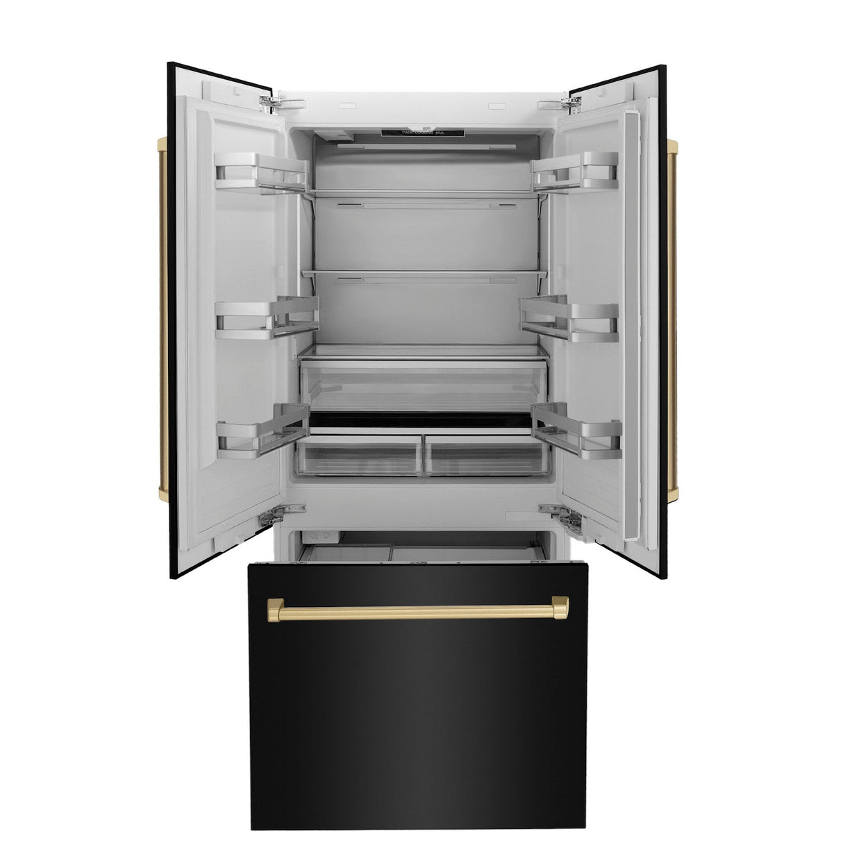 ZLINE Autograph Edition 36 in. 19.6 cu. ft. French Door Built-In Bottom Freezer Refrigerator with Water Dispenser and Ice Maker in Black Stainless Steel with Champagne Bronze Accents (RBIVZ-BS-36-CB)