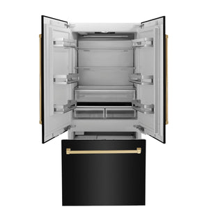 ZLINE Autograph Edition 36 in. 19.6 cu. ft. French Door Built-In Bottom Freezer Refrigerator with Water Dispenser and Ice Maker in Black Stainless Steel with Polished Gold Accents (RBIVZ-BS-36-G)