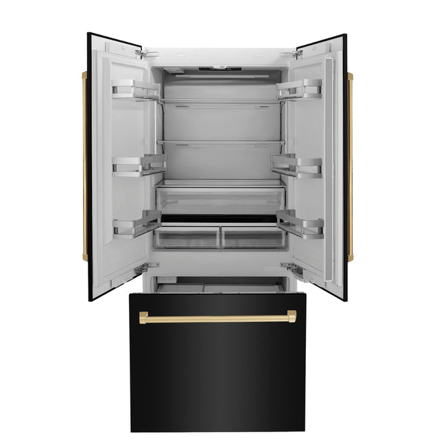 ZLINE Autograph Edition 36 in. 19.6 cu. ft. Built-in 3-Door French Door Refrigerator with Internal Water and Ice Dispenser in Black Stainless Steel with Polished Gold Accents (RBIVZ-BS-36-G)