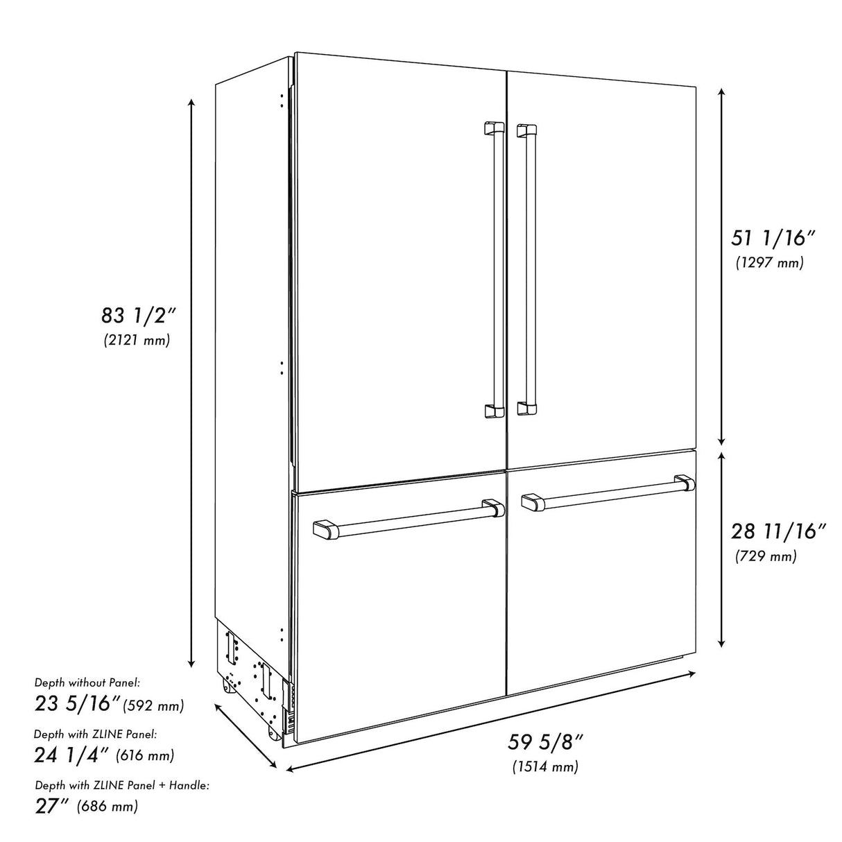 ZLINE Autograph Edition 60 in. 32.2 cu. ft. Built-in 4-Door French Door Refrigerator with Internal Water and Ice Dispenser in Black Stainless Steel with Polished Gold Accents (RBIVZ-BS-60-G)