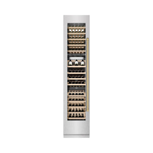 ZLINE Autograph Edition 18 in. 9.0 cu. ft. Triple Zone 68 Bottle Left Hinge Column Wine Cooler in DuraSnow® Stainless Steel with Champagne Bronze Accents (RCWVLZ-SN-18-CB)
