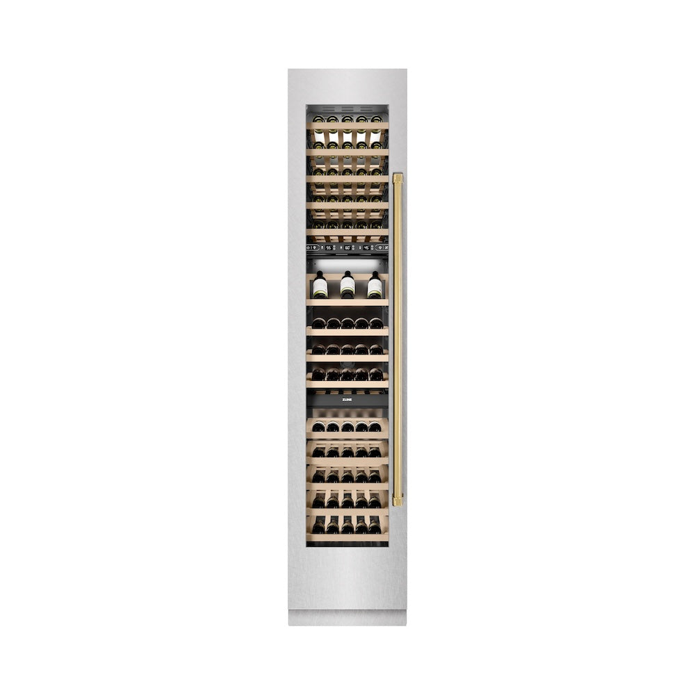 ZLINE Autograph Edition 18 in. 9.0 cu. ft. Triple Zone 68 Bottle Left Hinge Column Wine Cooler in DuraSnow® Stainless Steel with Polished Gold Accents (RCWVLZ-SN-18-G)