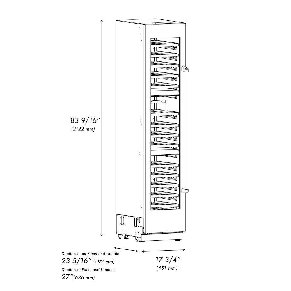 ZLINE Autograph Edition 18 in. 9.0 cu. ft. Triple Zone 68 Bottle Left Hinge Column Wine Cooler in DuraSnow® Stainless Steel with Matte Black Accents (RCWVLZ-SN-18-MB)