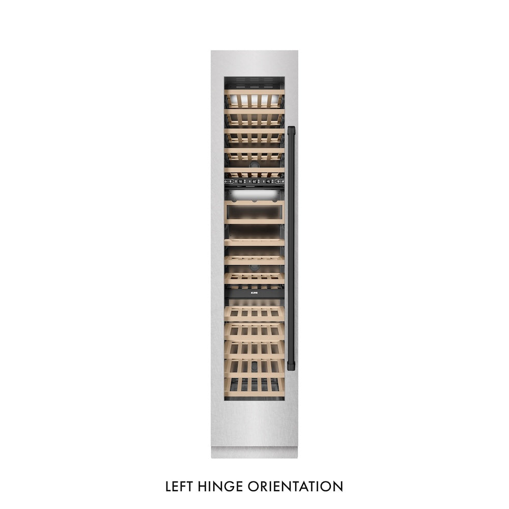 ZLINE Autograph Edition 18 in. 9.0 cu. ft. Triple Zone 68 Bottle Left Hinge Column Wine Cooler in DuraSnow® Stainless Steel with Matte Black Accents (RCWVLZ-SN-18-MB)