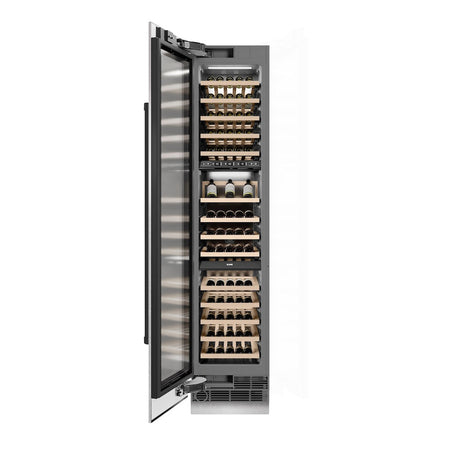 ZLINE Autograph Edition 18 in. 9.0 cu. ft. Triple Zone 68 Bottle Left Hinge Column Wine Cooler in DuraSnow® Stainless Steel with Matte Black Accents (RCWVLZ-SN-18-MB)