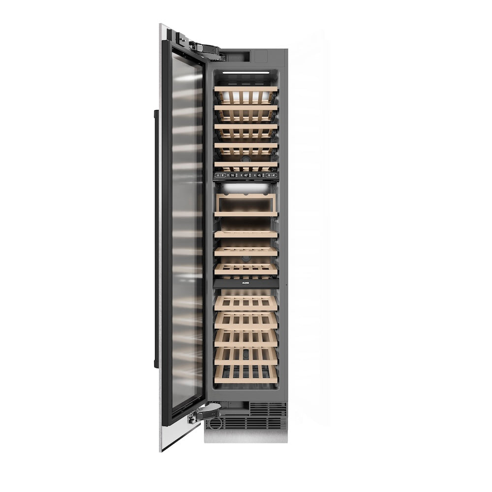ZLINE Autograph Edition 18 in. 9.0 cu. ft. Triple Zone 68 Bottle Left Hinge Column Wine Cooler in DuraSnow® Stainless Steel with Matte Black Accents (RCWVLZ-SN-18-MB)