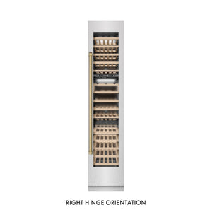 ZLINE Autograph Edition 18 in. 9.0 cu. ft. Triple Zone 68 Bottle Right Hinge Column Wine Cooler in DuraSnow® Stainless Steel with Champagne Bronze Accents (RCWVRZ-SN-18-CB)