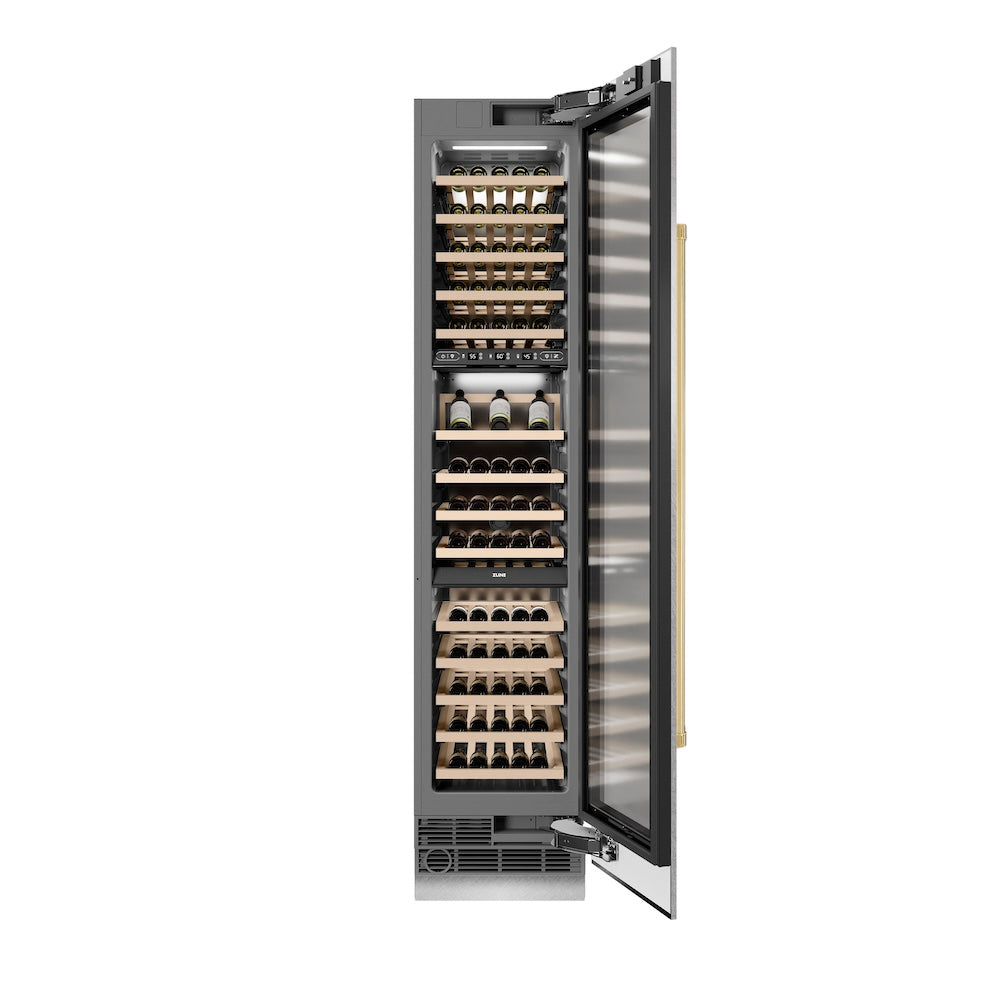 ZLINE Autograph Edition 18 in. 9.0 cu. ft. Triple Zone 68 Bottle Right Hinge Column Wine Cooler in DuraSnow® Stainless Steel with Polished Gold Accents (RCWVRZ-SN-18-G)