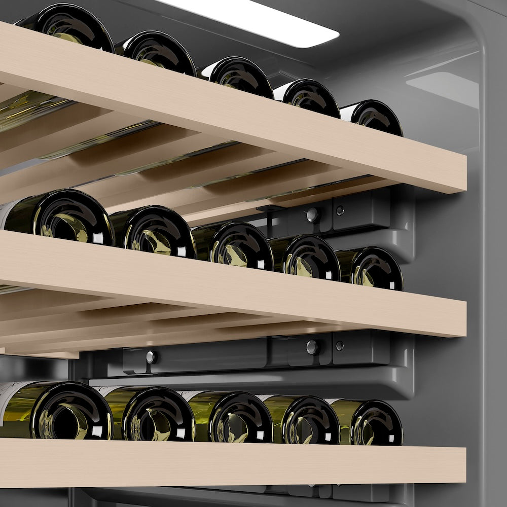 ZLINE Autograph Edition 24 in. 12.4 cu. ft. Triple Zone 100 Bottle Column Wine Cooler in DuraSnow®  Stainless Steel and Champagne Bronze Accents (RCWVZ-SN-24-CB)