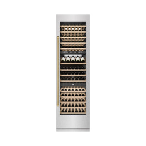 ZLINE Autograph Edition 24 in. 12.4 cu. ft. Triple Zone 100 Bottle Column Wine Cooler in DuraSnow®  Stainless Steel and Champagne Bronze Accents (RCWVZ-SN-24-CB)
