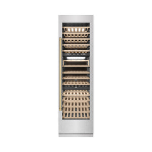 ZLINE Autograph Edition 24 in. 12.4 cu. ft. Triple Zone 100 Bottle Column Wine Cooler in DuraSnow®  Stainless Steel and Champagne Bronze Accents (RCWVZ-SN-24-CB)