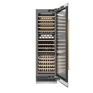 ZLINE Autograph Edition 24 in. 12.4 cu. ft. Triple Zone 100 Bottle Column Wine Cooler in DuraSnow®  Stainless Steel and Champagne Bronze Accents (RCWVZ-SN-24-CB)