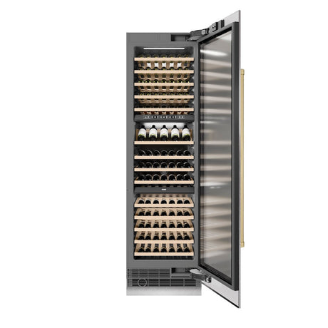 ZLINE Autograph Edition 24 in. 12.4 cu. ft. Triple Zone 100 Bottle Column Wine Cooler in DuraSnow®  Stainless Steel and Champagne Bronze Accents (RCWVZ-SN-24-CB)