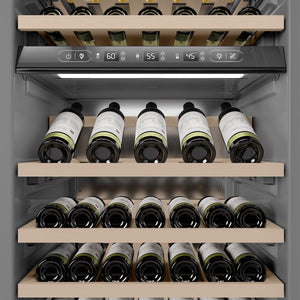 ZLINE Autograph Edition 24 in. 12.4 cu. ft. Triple Zone 100 Bottle Column Wine Cooler in DuraSnow® Stainless Steel and Polished Gold Accents (RCWVZ-SN-24-G)