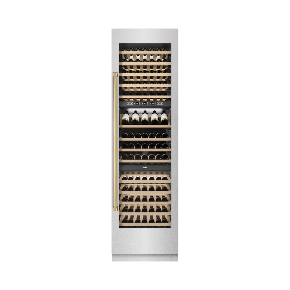 ZLINE Autograph Edition 24 in. 12.4 cu. ft. Triple Zone 100 Bottle Column Wine Cooler in DuraSnow® Stainless Steel and Polished Gold Accents (RCWVZ-SN-24-G)