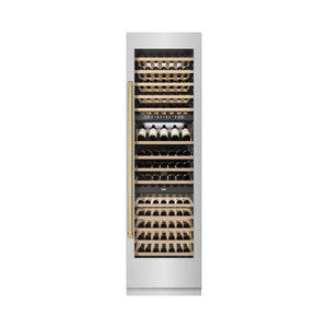 ZLINE Autograph Edition 24 in. 12.4 cu. ft. Triple Zone 100 Bottle Column Wine Cooler in DuraSnow® Stainless Steel and Polished Gold Accents (RCWVZ-SN-24-G)