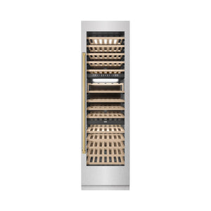 ZLINE Autograph Edition 24 in. 12.4 cu. ft. Triple Zone 100 Bottle Column Wine Cooler in DuraSnow® Stainless Steel and Polished Gold Accents (RCWVZ-SN-24-G)