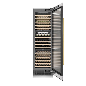 ZLINE Autograph Edition 24 in. 12.4 cu. ft. Triple Zone 100 Bottle Column Wine Cooler in DuraSnow® Stainless Steel and Polished Gold Accents (RCWVZ-SN-24-G)