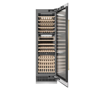ZLINE Autograph Edition 24 in. 12.4 cu. ft. Triple Zone 100 Bottle Column Wine Cooler in DuraSnow® Stainless Steel and Polished Gold Accents (RCWVZ-SN-24-G)