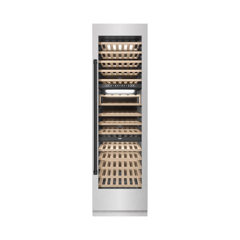 ZLINE Autograph Edition 24 in. 12.4 cu. ft. Triple Zone 100 Bottle Column Wine Cooler in DuraSnow®  Stainless Steel and Matte Black Accents (RCWVZ-SN-24-MB)
