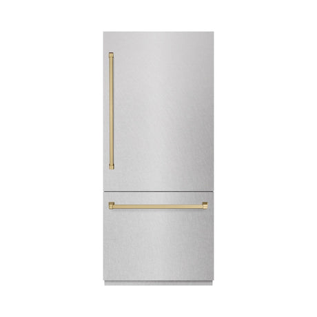 ZLINE Autograph Edition 36 in. 19.8 cu. ft. Built-In Bottom Freezer Refrigerator with Water Dispenser and Ice Maker in DuraSnow® Stainless Steel with Graphite Gray Interior and Champagne Bronze Accents (GRBITZ-SN-36-CB)