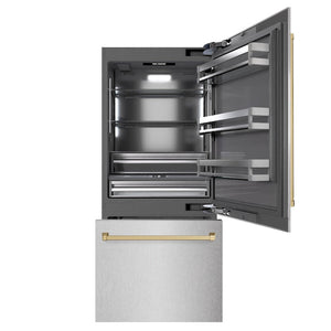ZLINE Autograph Edition 36 in. 19.8 cu. ft. Built-In Bottom Freezer Refrigerator with Water Dispenser and Ice Maker in DuraSnow® Stainless Steel with Graphite Gray Interior and Champagne Bronze Accents (GRBITZ-SN-36-CB)