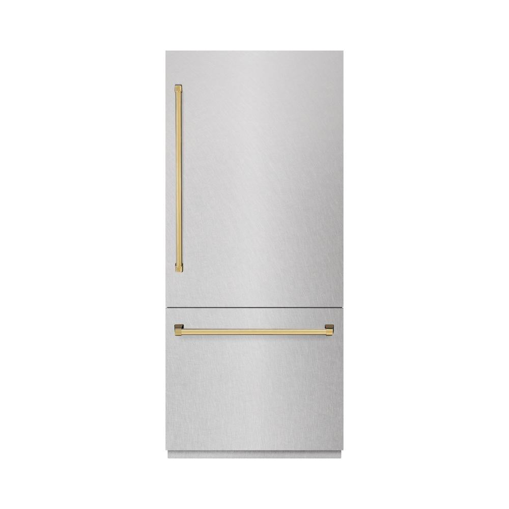 ZLINE Autograph Edition 36 in. 19.8 cu. ft. Built-In Bottom Freezer Refrigerator with Water Dispenser and Ice Maker in DuraSnow® Stainless Steel with Graphite Gray Interior and Polished Gold Accents (GRBITZ-SN-36-G)