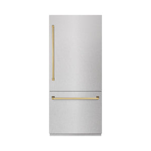 ZLINE Autograph Edition 36 in. 19.8 cu. ft. Built-In Bottom Freezer Refrigerator with Water Dispenser and Ice Maker in DuraSnow® Stainless Steel with Graphite Gray Interior and Polished Gold Accents (GRBITZ-SN-36-G)