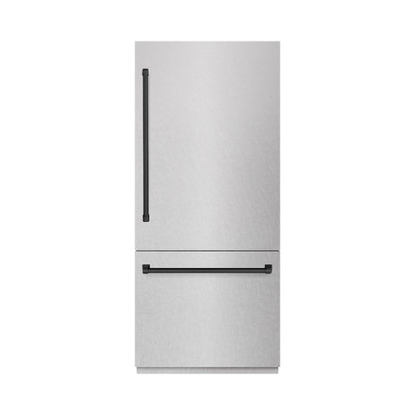 ZLINE Autograph Edition 36 in. 19.8 cu. ft. Built-In Bottom Freezer Refrigerator with Water Dispenser and Ice Maker in DuraSnow® Stainless Steel with Graphite Gray Interior and Matte Black Accents (GRBITZ-SN-36-MB)
