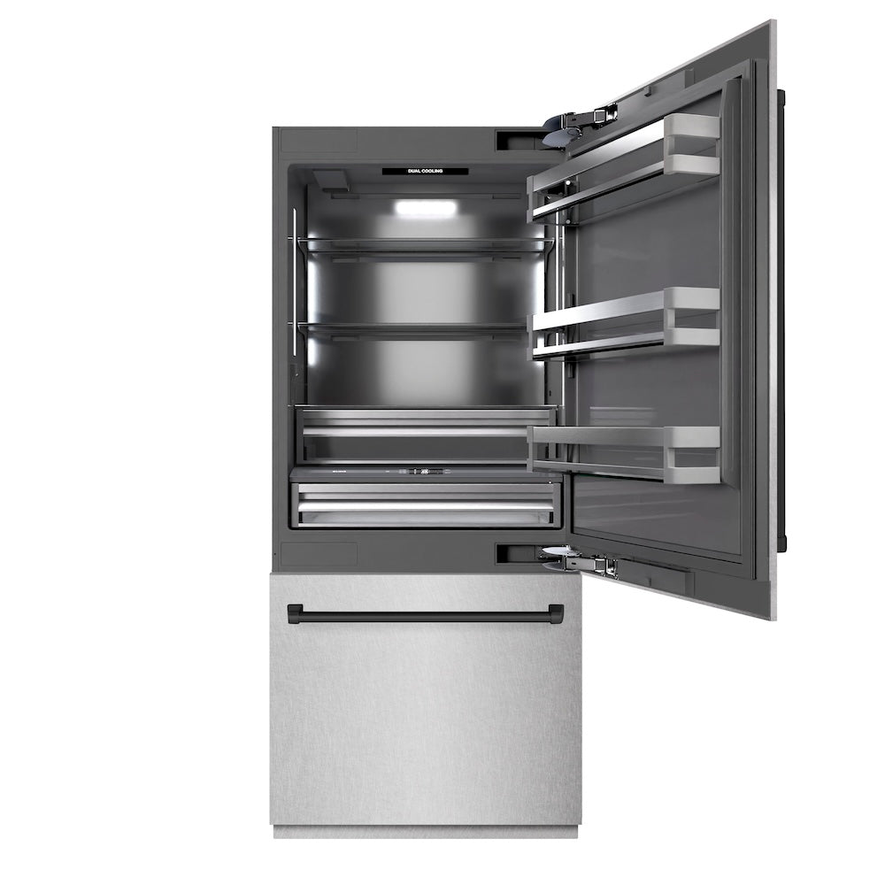 ZLINE Autograph Edition 36 in. 19.8 cu. ft. Built-In Bottom Freezer Refrigerator with Water Dispenser and Ice Maker in DuraSnow® Stainless Steel with Graphite Gray Interior and Matte Black Accents (GRBITZ-SN-36-MB)