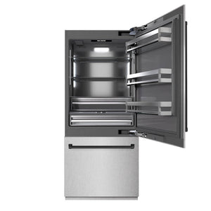 ZLINE Autograph Edition 36 in. 19.8 cu. ft. Built-In Bottom Freezer Refrigerator with Water Dispenser and Ice Maker in DuraSnow® Stainless Steel with Graphite Gray Interior and Matte Black Accents (GRBITZ-SN-36-MB)
