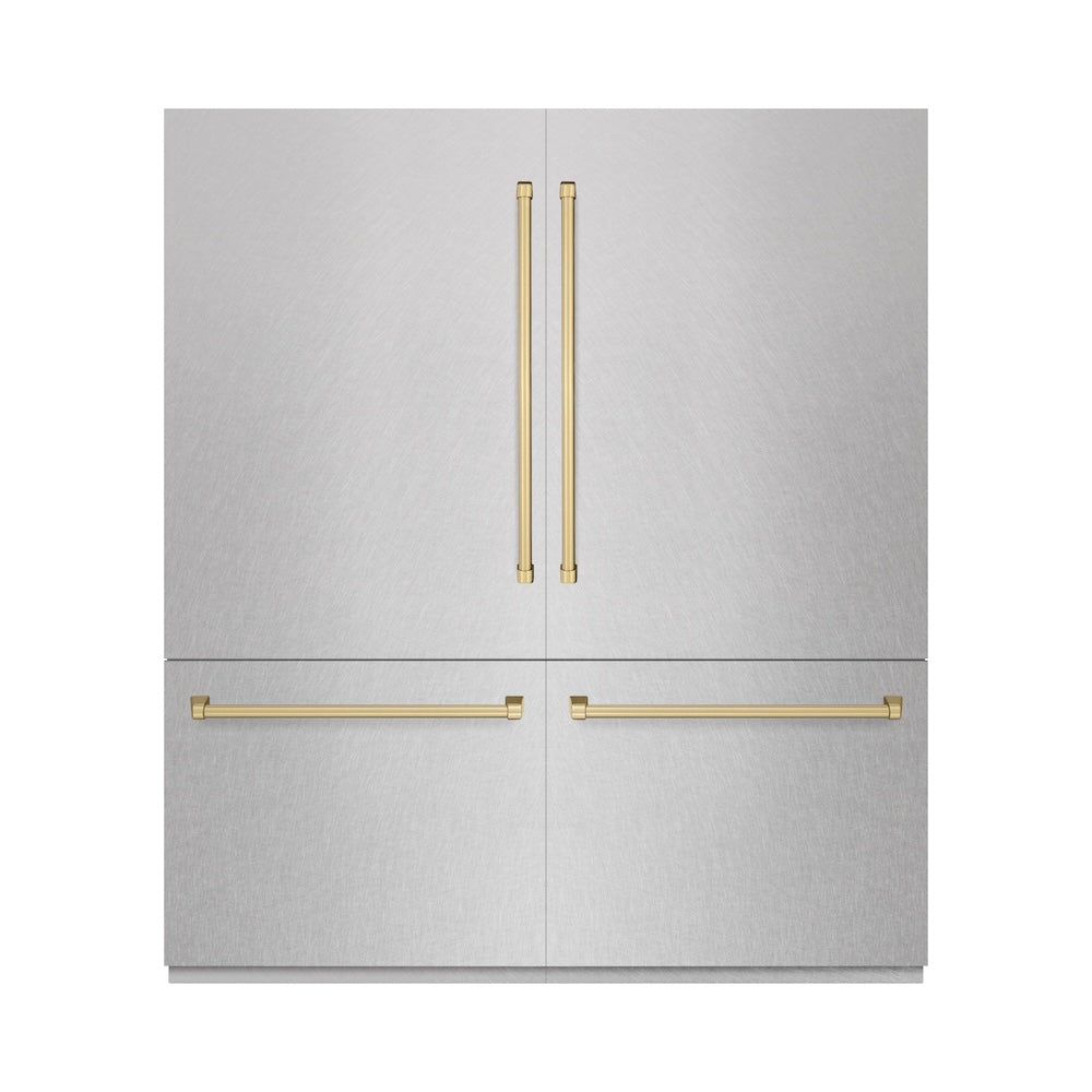 ZLINE Autograph Edition 72 in. 39.6 cu. ft. French Door Built-In Bottom Freezer Refrigerator with Water Dispensers and Ice Makers in DuraSnow® Stainless Steel with Graphite Gray Interior and Champagne Bronze Accents (GRBITZ-SN-72-CB)