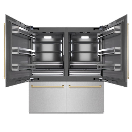 ZLINE Autograph Edition 72 in. 39.6 cu. ft. French Door Built-In Bottom Freezer Refrigerator with Water Dispensers and Ice Makers in DuraSnow® Stainless Steel with Graphite Gray Interior and Champagne Bronze Accents (GRBITZ-SN-72-CB)