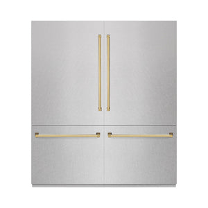 ZLINE Autograph Edition 72 in. 39.6 cu. ft. French Door Built-In Bottom Freezer Refrigerator with Water Dispensers and Ice Makers in DuraSnow® Stainless Steel with Graphite Gray Interior and Polished Gold Accents (GRBITZ-SN-72-G)