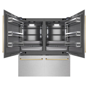 ZLINE Autograph Edition 72 in. 39.6 cu. ft. French Door Built-In Bottom Freezer Refrigerator with Water Dispensers and Ice Makers in DuraSnow® Stainless Steel with Graphite Gray Interior and Polished Gold Accents (GRBITZ-SN-72-G)