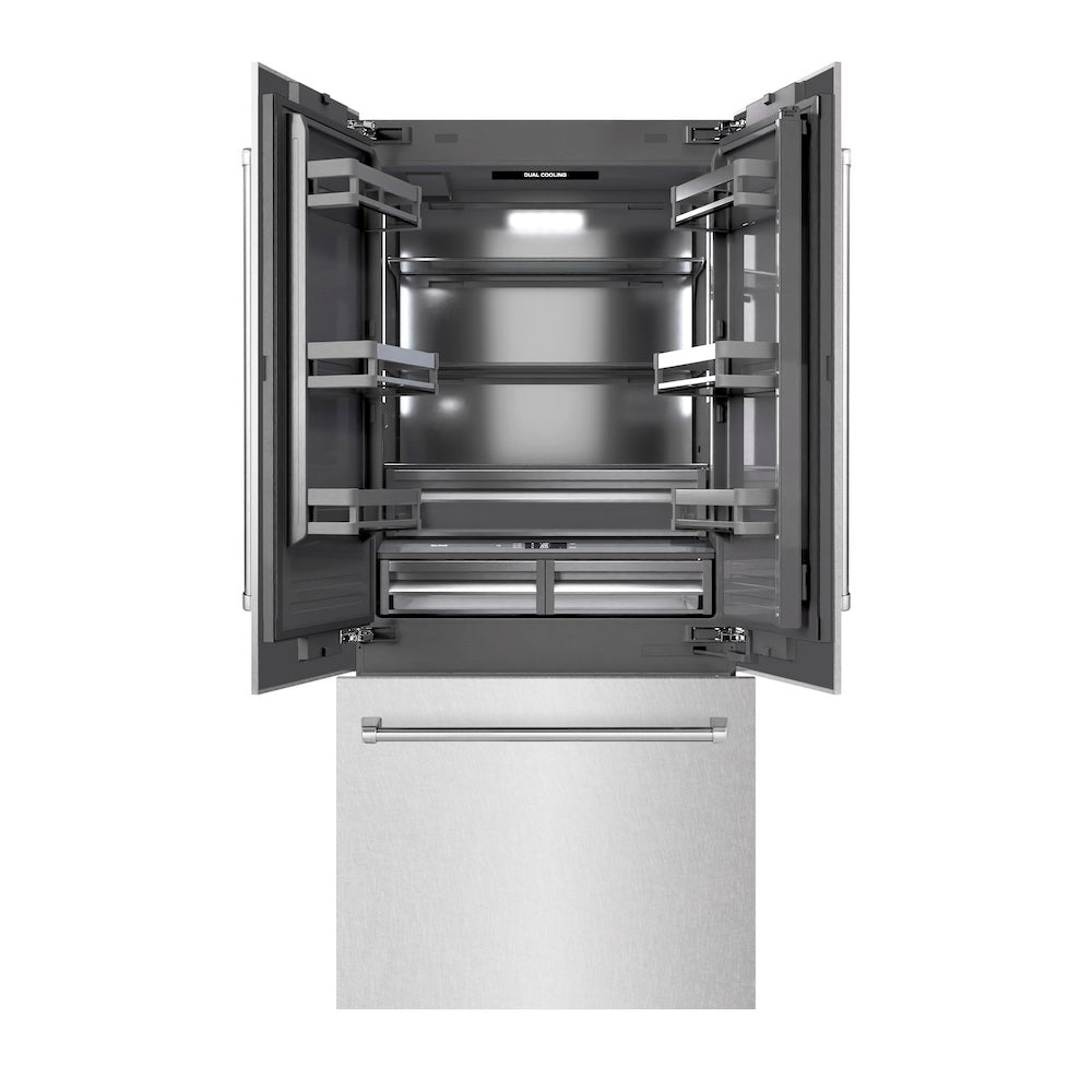 ZLINE 36 in. 19.6 cu. ft. French Door Built-In Bottom Freezer Refrigerator with Water Dispenser and Ice Maker in DuraSnow® Stainless Steel with Graphite Gray Interior (GRBIV-SN-36)