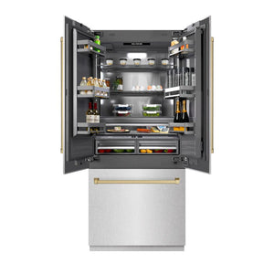 ZLINE Autograph Edition 36 in. 19.6 cu. ft. French Door Built-In Bottom Freezer Refrigerator with Water Dispenser and Ice Maker in DuraSnow® Stainless Steel with Graphite Gray Interior and Champagne Bronze Accents (GRBIVZ-SN-36-CB)