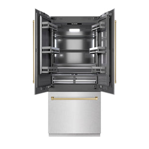ZLINE Autograph Edition 36 in. 19.6 cu. ft. French Door Built-In Bottom Freezer Refrigerator with Water Dispenser and Ice Maker in DuraSnow® Stainless Steel with Graphite Gray Interior and Champagne Bronze Accents (GRBIVZ-SN-36-CB)