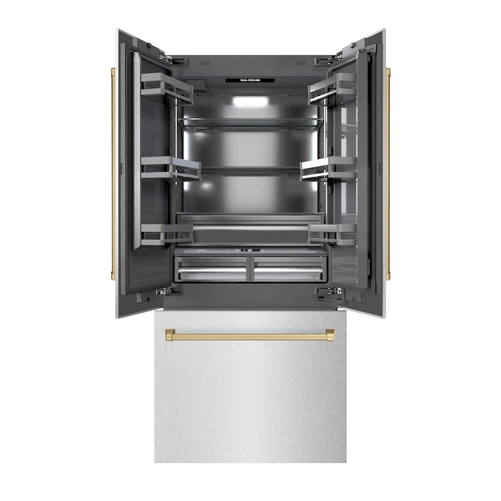 ZLINE Autograph Edition 36 in. 19.6 cu. ft. French Door Built-In Bottom Freezer Refrigerator with Water Dispenser and Ice Maker in DuraSnow® Stainless Steel with Graphite Gray Interior and Champagne Bronze Accents (GRBIVZ-SN-36-CB)