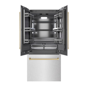 ZLINE Autograph Edition 36 in. 19.6 cu. ft. French Door Built-In Bottom Freezer Refrigerator with Water Dispenser and Ice Maker in DuraSnow® Stainless Steel with Graphite Gray Interior and Champagne Bronze Accents (GRBIVZ-SN-36-CB)