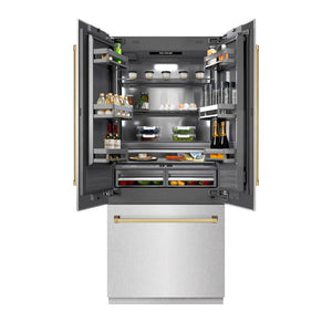 ZLINE Autograph Edition 36 in. 19.6 cu. ft. French Door Built-In Bottom Freezer Refrigerator with Water Dispenser and Ice Maker in DuraSnow® Stainless Steel with Graphite Gray Interior and Polished Gold Accents (GRBIVZ-SN-36-G)