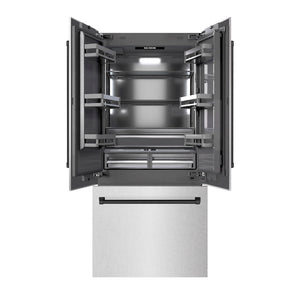 ZLINE Autograph Edition 36 in. 19.6 cu. ft. French Door Built-In Bottom Freezer Refrigerator with Water Dispenser and Ice Maker in DuraSnow® Stainless Steel with Graphite Gray Interior and Matte Black Accents (GRBIVZ-SN-36-MB)