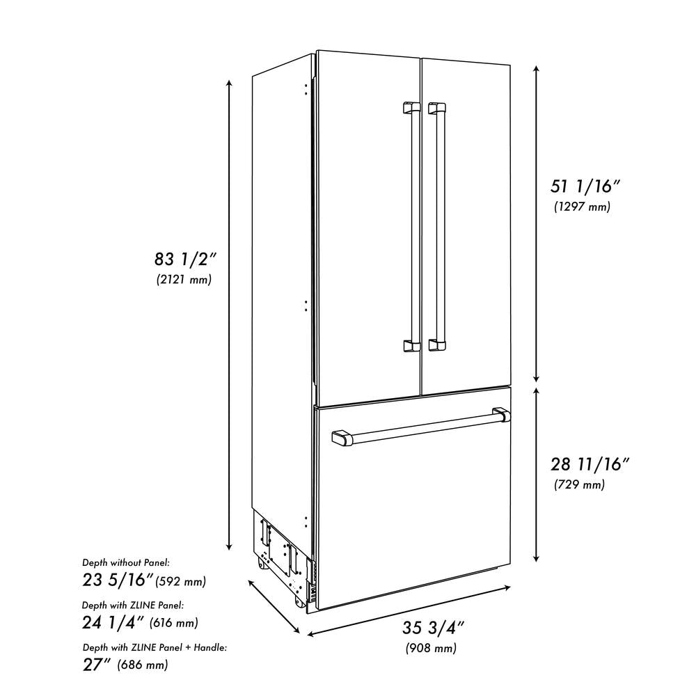ZLINE 36 in. 19.6 cu. ft. French Door Built-In Bottom Freezer Refrigerator with Water Dispenser and Ice Maker in DuraSnow® Stainless Steel (RBIV-SN-36)