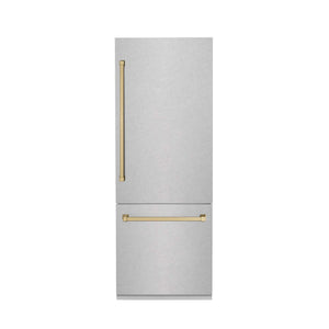 ZLINE Autograph Edition 30 in. 16.1 cu. ft. Built-In Bottom Freezer Refrigerator with Water Dispenser and Ice Maker in DuraSnow® Stainless Steel with Champagne Bronze Accents (RBIVZ-SN-30-CB)