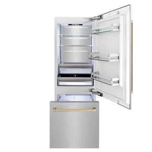 ZLINE Autograph Edition 30 in. 16.1 cu. ft. Built-In Bottom Freezer Refrigerator with Water Dispenser and Ice Maker in DuraSnow® Stainless Steel with Champagne Bronze Accents (RBIVZ-SN-30-CB)