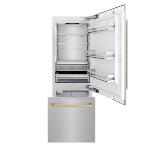 ZLINE Autograph Edition 30 in. 16.1 cu. ft. Built-In Bottom Freezer Refrigerator with Water Dispenser and Ice Maker in DuraSnow® Stainless Steel with Champagne Bronze Accents (RBIVZ-SN-30-CB)