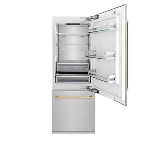 ZLINE Autograph Edition 30 in. 16.1 cu. ft. Built-In Bottom Freezer Refrigerator with Water Dispenser and Ice Maker in DuraSnow® Stainless Steel with Champagne Bronze Accents (RBIVZ-SN-30-CB)