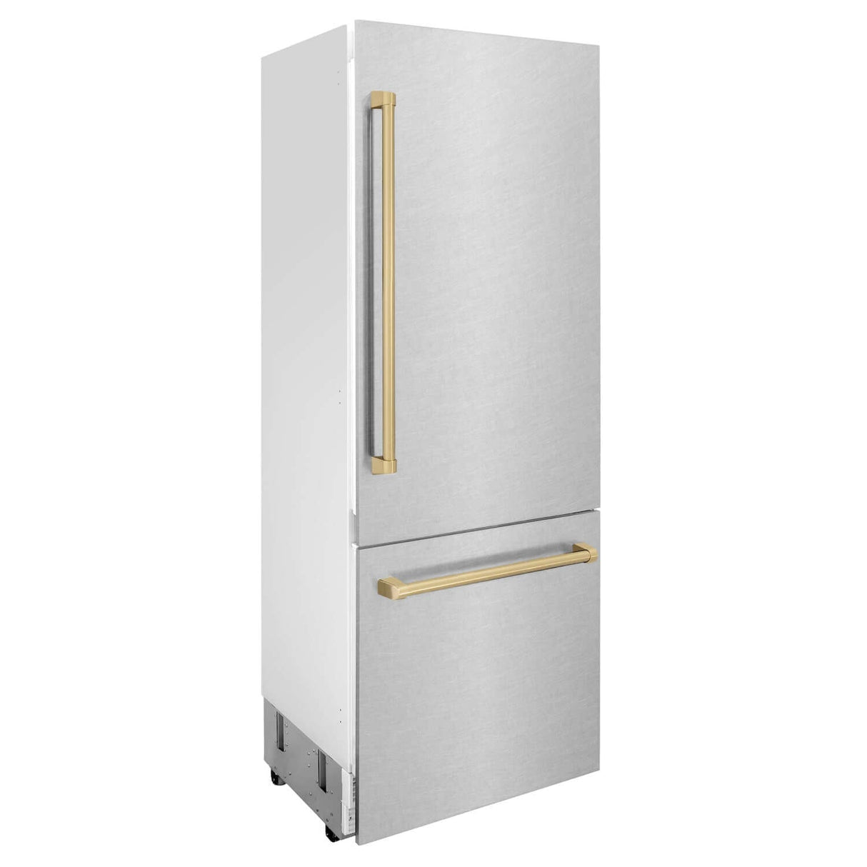 ZLINE Autograph Edition 30 in. 16.1 cu. ft. Built-In Bottom Freezer Refrigerator with Water Dispenser and Ice Maker in DuraSnow® Stainless Steel with Champagne Bronze Accents (RBIVZ-SN-30-CB)