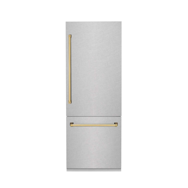 ZLINE Autograph Edition 30 in. 16.1 cu. ft. Built-in 2-Door Bottom Freezer Refrigerator with Internal Water and Ice Dispenser in Fingerprint Resistant Stainless Steel with Polished Gold Accents (RBIVZ-SN-30-G)